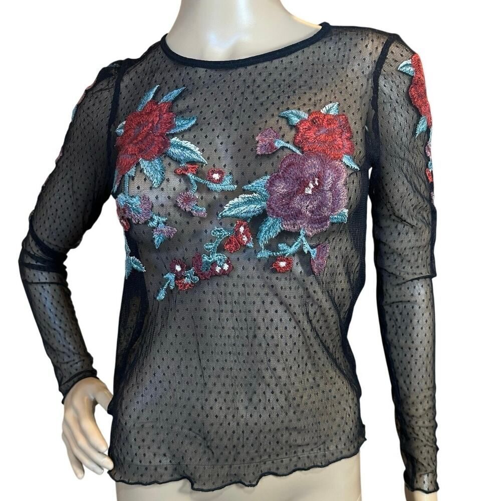 Charlotte Russe Black Mesh Pink Floral Appliqué Bodysuit SZ Medium Fairy Flirty